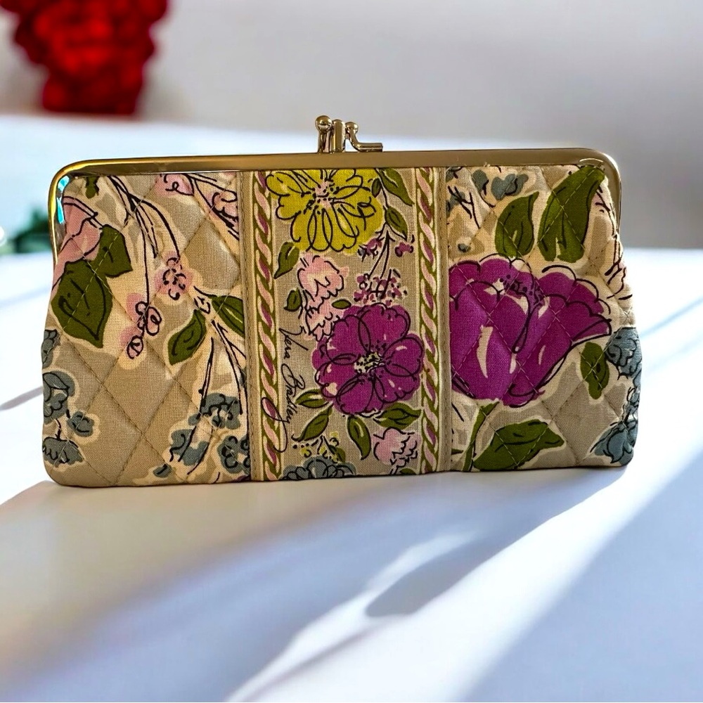 Quilted Clutch Wallet Floral Print Card Slots Double Kiss Lock Multicolor